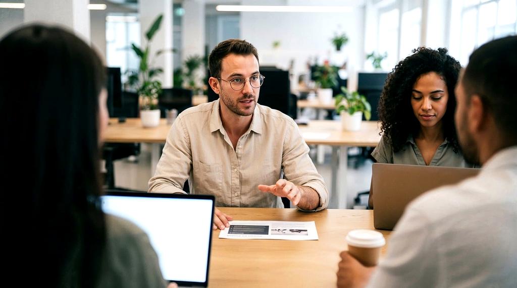 Team collaborating with futuristic technology